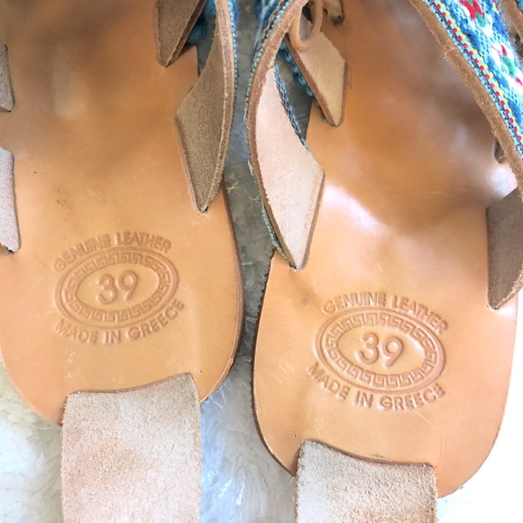 Embellished Greek Leather POMPOM Sandals-Sz 39/8.5 - Picture 7 of 7